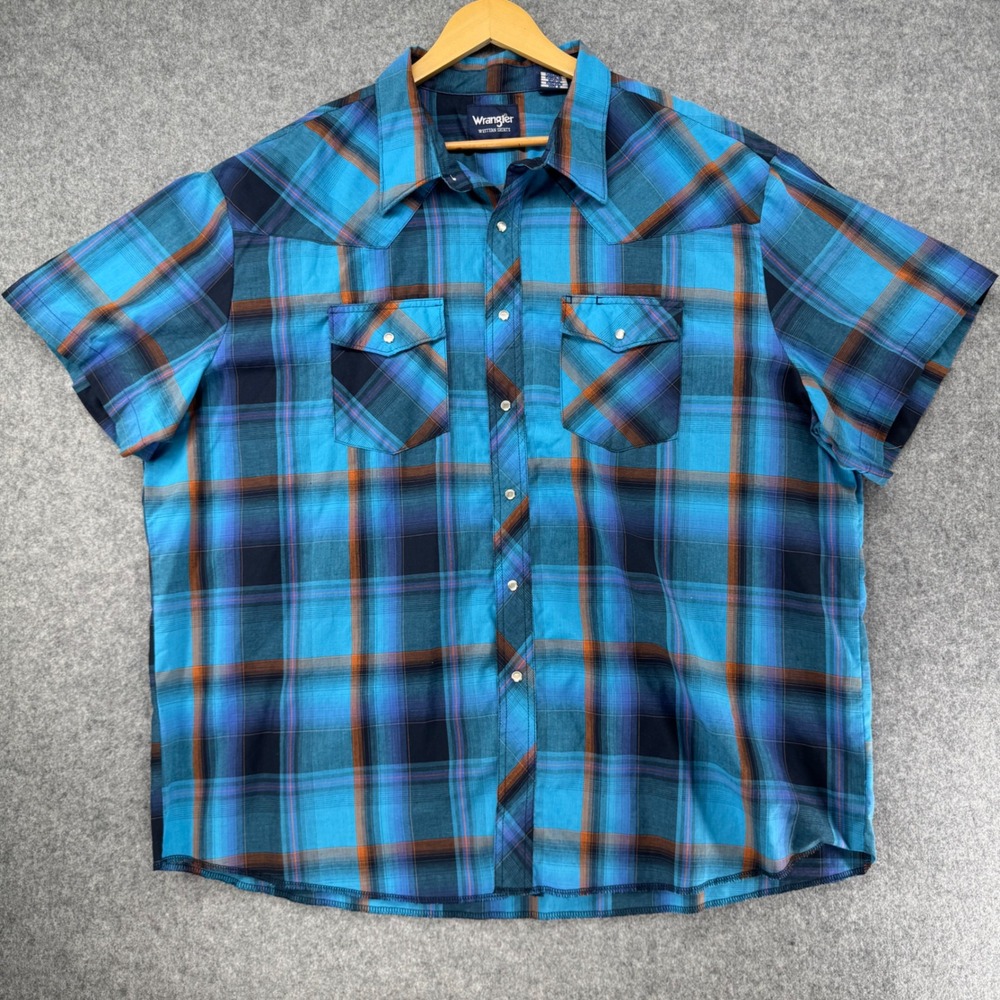 Wrangler Western Shirt Mens 3X Blue Plaid Pearl Snap Short Sleeve Big & Tall
